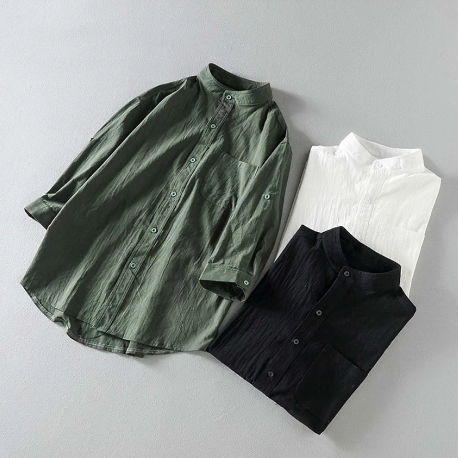 

Рубашка мужская с воротником-стойкой, мягкая хлопковая блузка с рукавом три четверти, холодный белый цвет, льняная сорочка в Корейском стиле, 5XL 4XL, на лето