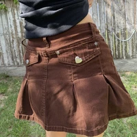 brown pleated mini skirt women 2022 summer personality heart pockets high waist denim skirts y2k fashion sexy denim shorts skirt