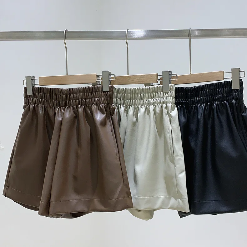 

Leather Shorts Women 2022 Spring and Summer Korean Fashion Elastic High Waist Faux Leather Shorts Wide Leg Women Leather Shorts