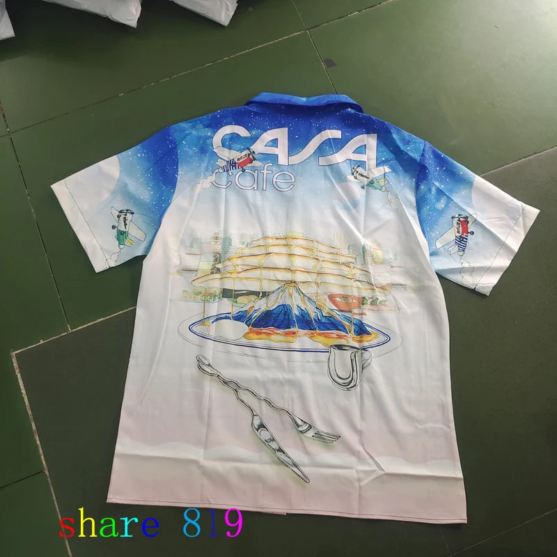CAFE CASA Snowy Mountain Aircraft Cuisine Print Casablanca Short Set Men Women Hawaii Beach Holiday Short Sleeve Suitt