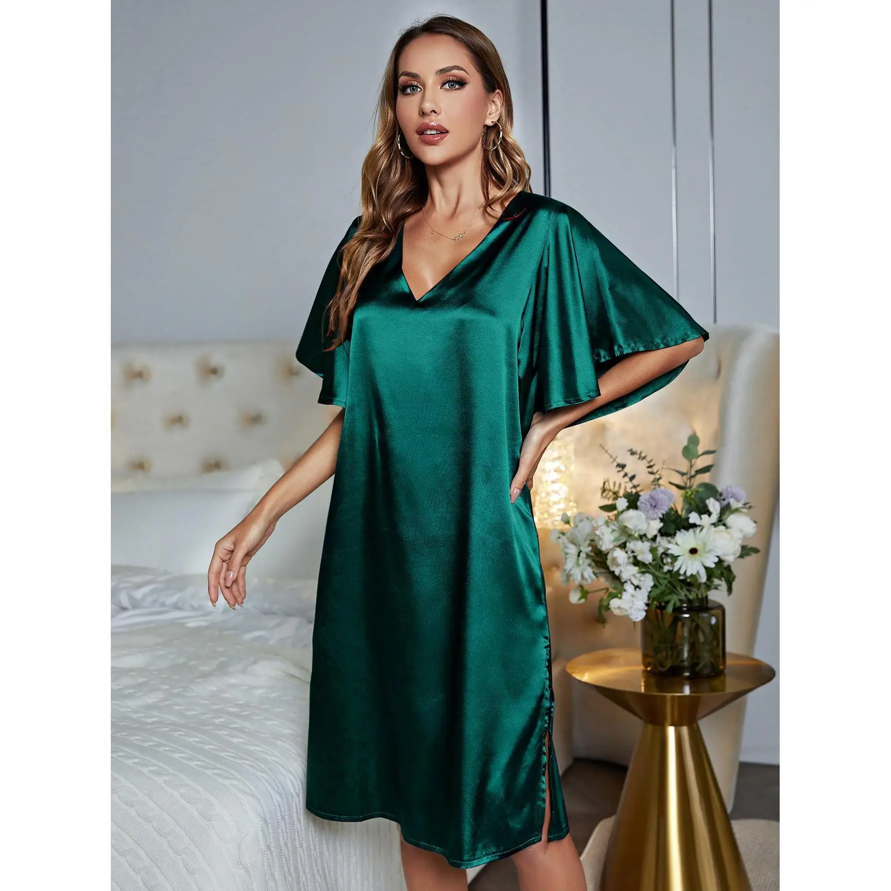 Pajamas Women's Silk-like Nightgowns Sleepshirts High-Grade Home Wear Ice Silk Nightdress Women's Summer Underwear Women's Sleep