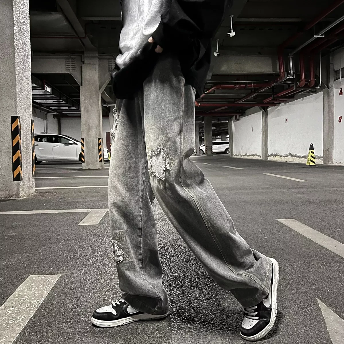 

Patchwork Denim Pants Male Straight Loose Mopping Trousers Hip Hop Jeans Summer Star Patch Jean Pants Hole Burrs