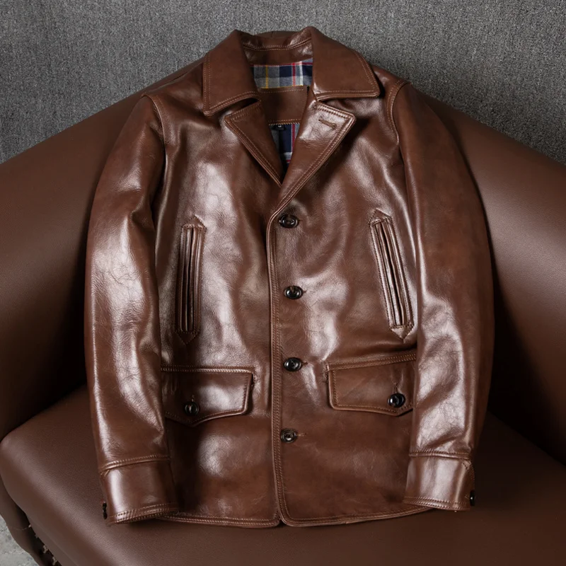 

New Real Leather Jacket Men's Suit Lapel Short Oil Wax Horse Leather Coat Male Large Size Casual Autumn Spring Tide Top Specials