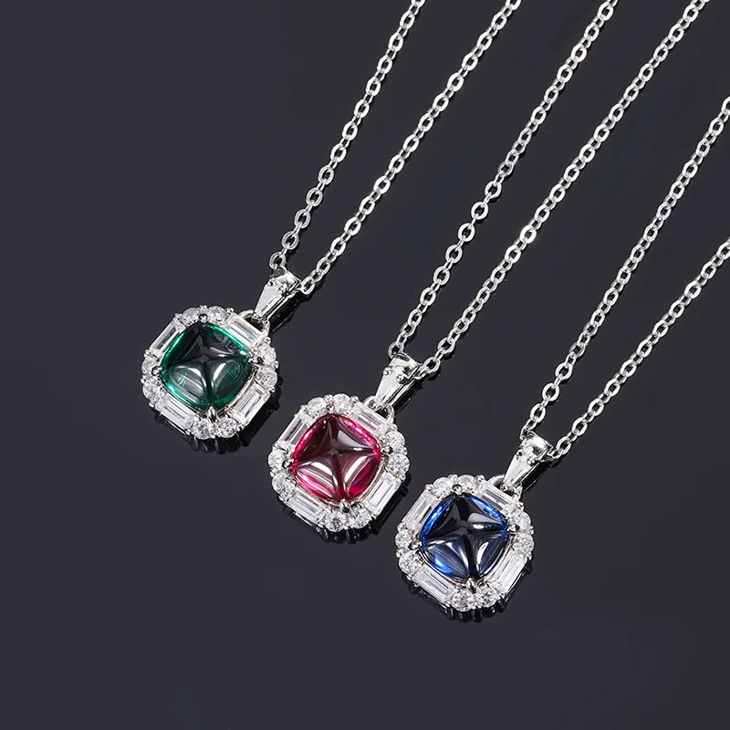 Jewelry S925 Silver Hot Selling Colorful Emerald Sapphire Ruby Diamond Pendant Necklace 8*8 Jade