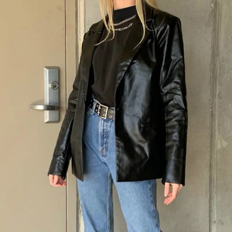 Punk Pu Leather Jacket Women Black Solid Colors Casual Commute Blazers Zipper Button Pocket Coat Female Winter Fashion Outerwear