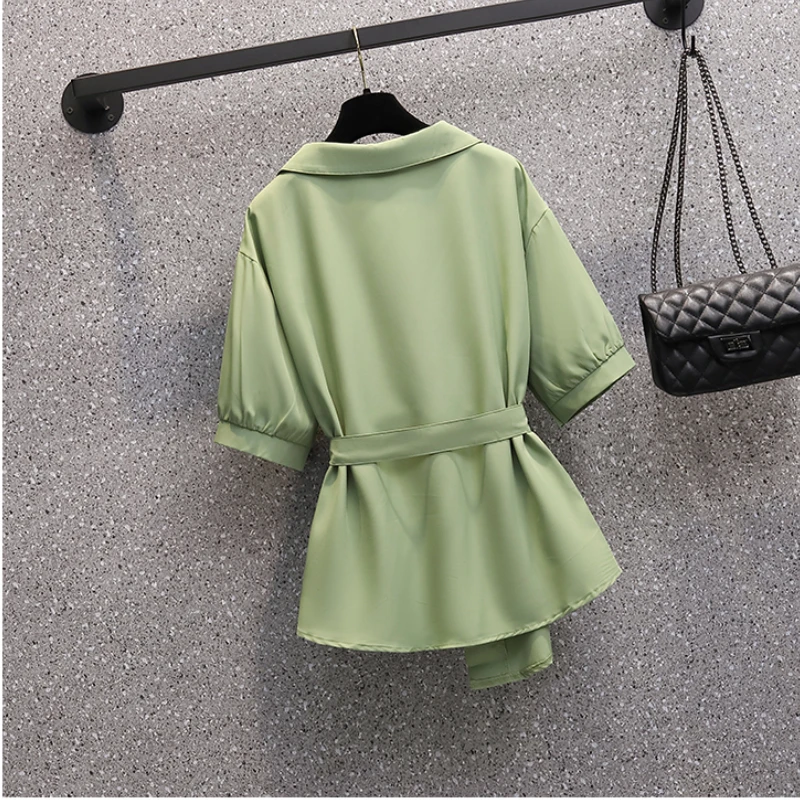 Plus Size Women Clothing Summer Sexy Shirt Fashion Women Top Short Sleeve Blouse Casual Women Shirt OL Belt Elegant Women Shirts