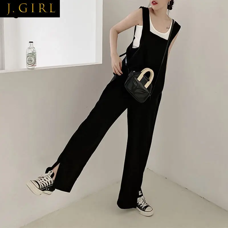 

Jumpsuits Women Design Side-slit Elegant Streetwear Black Solid Suspenders Trousers Female Ulzzang All-match Straight Jump Suit