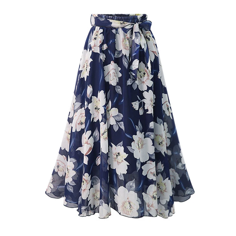 

New Women Chiffon Skirt Europe Fashion Bow Saia Midi Lining Jupe Femme Lace Up Falda Mujer Summer Print Floral Skirts