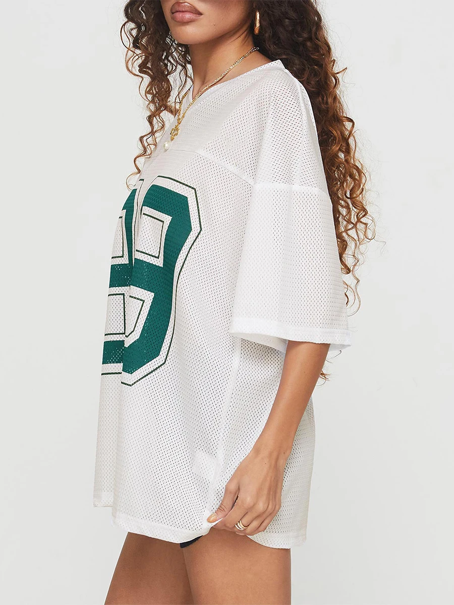 Women Summer Sports T-Shirt Casual Number Print Loose Basic Short Sleeve Tops for Streetwear