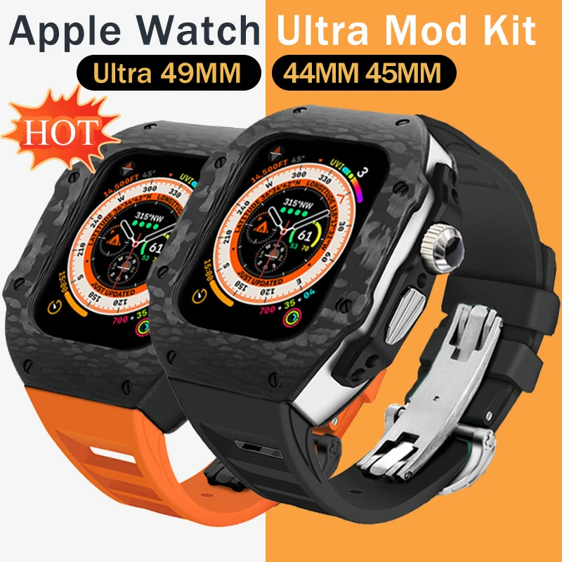 Modification Kit Carbon Fiber Case for Apple Watch Ultra 8 7 6 SE 5 4 Metal Mod Kit for IWatch 49MM 45MM 44MM Fluororubber Strap