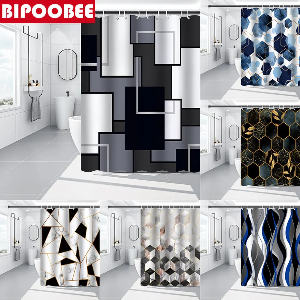 

Art Geometric Shower Curtain for Bathroom Decor Accessory Diamond Grid Marble Print Bath Curtains with Hooks Polyester Fabric