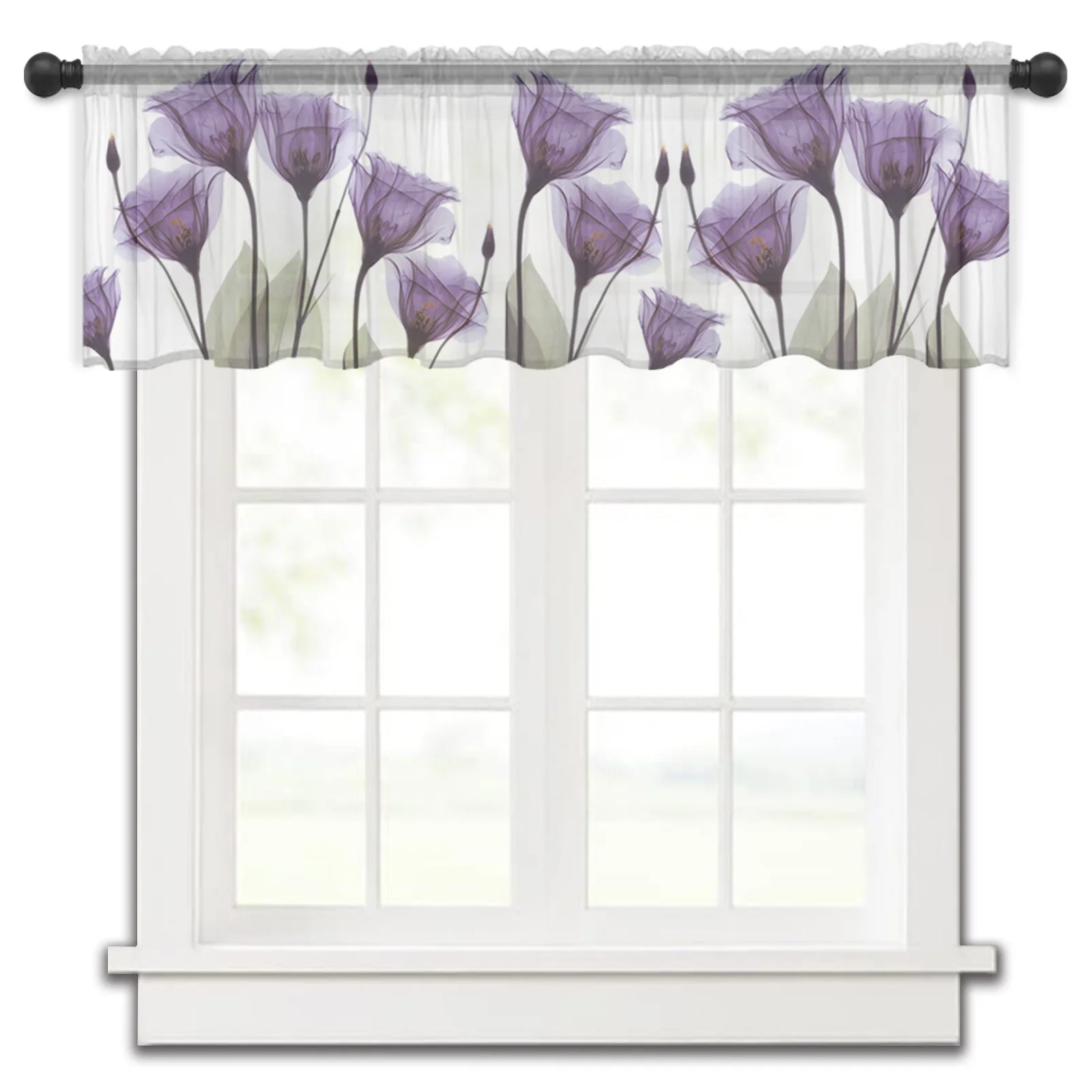 

Flower Summer Idyllic Purple Tulip Kitchen Small Curtain Tulle Sheer Short Curtain Bedroom Living Room Home Decor Voile Drapes