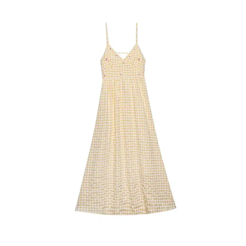 

Elegant Plaid Backless Sling Dress Women Sexy Spaghetti Straps Sleeveless Dress 2023 Summer Fashion Sweet Female Vestidos