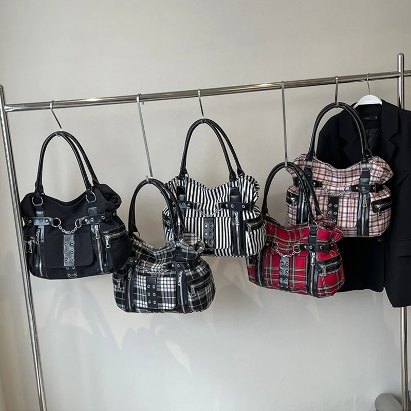 SHELKSBAG Сумка на плечо в клетку в стиле панк с подъемом в готическом стиле, альтернативная сумка-тоут с верхней ручкой, женская сумка 2025, модные новые сумки через плечо (art.: 3920d377683bf) - 3920d377683bf