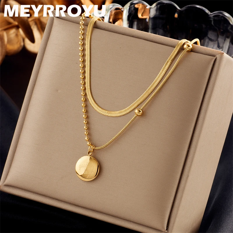 

MEYRROYU 316L Stainless Steel New Round Pendant Double Layer Snake Chain Necklace For Women Collar Party Gift Accessories Bijoux