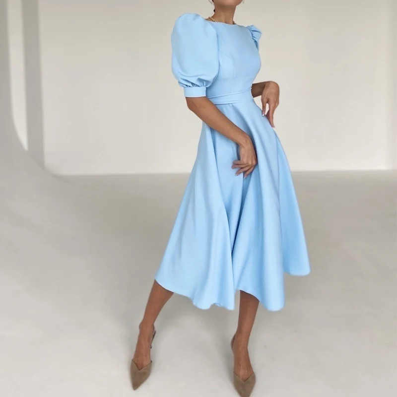 

Elegant High Waist French Style Party Dress New Solid Color Puff Sleeve Long Dress Autumn O Neck Backless Holiday Big Hem Dress