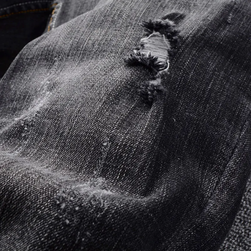 Fashion Designer Men Jeans Retro Black Gray Elastic Slim Fit Ripped Jeans Men Trendy Trousers Vintage Stretch Denim Pants Hombre