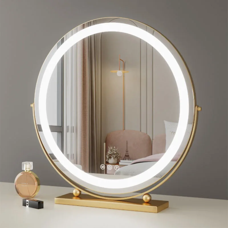 

Led Makeup Light Makeup Mirror Nightstand Round Metal Frame Small Cute Mirrors Gold Table Espejos Pared Living Room Decoration