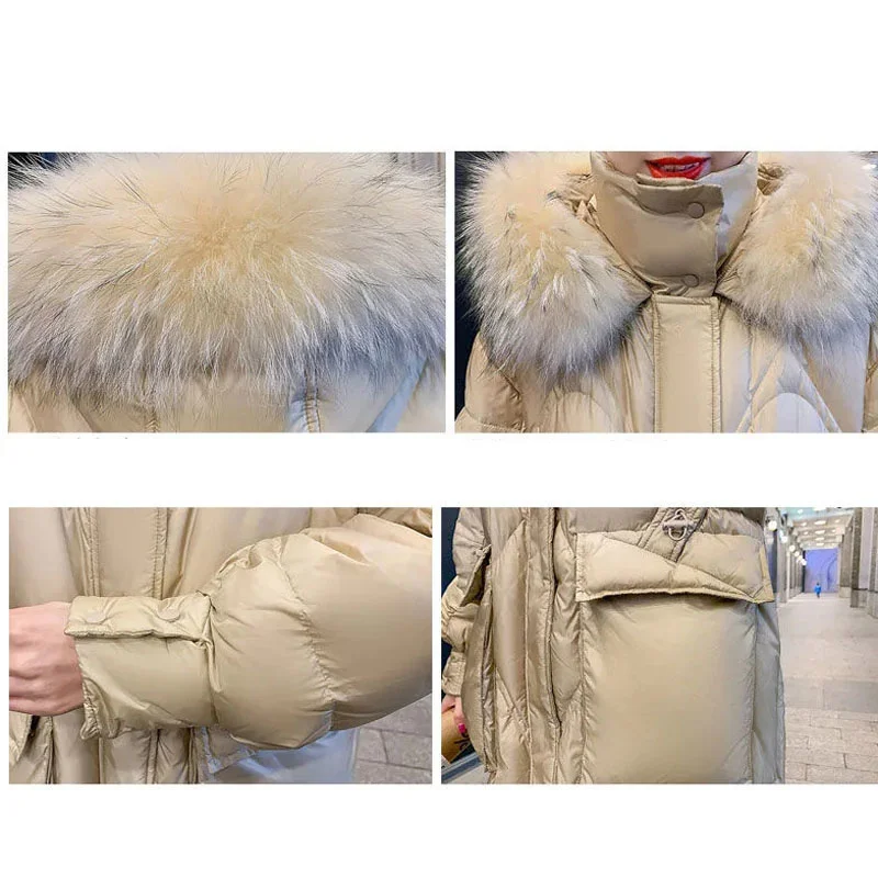Vintage Long Winter Parka Bright Surface Fleece Warm Down Coat Women's Korean Removable Fur Collar Hooded Padded Cotton Jacket