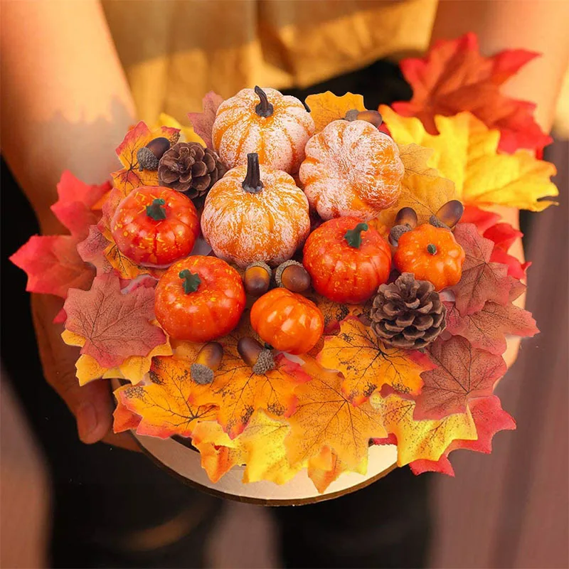 

50pcs Simulation Pumpkin Golden Autumn Mini Pumpkin Set Halloween Pumpkin Thanksgiving Decoration Pumpkin Pine Cones Acorns Prop