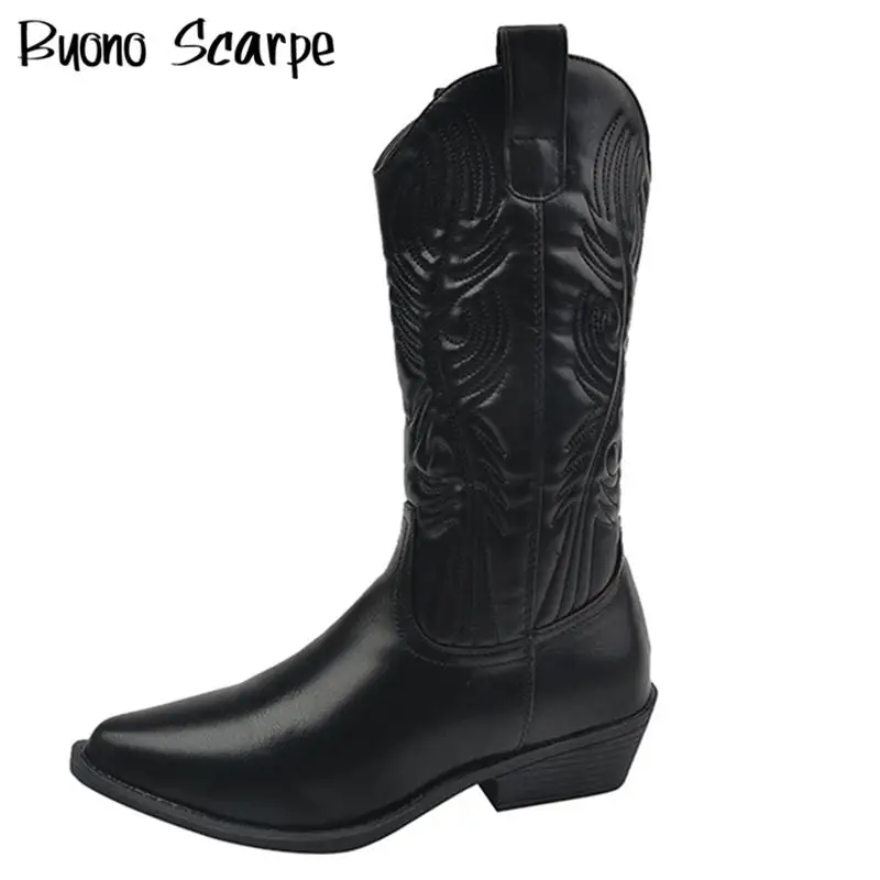 

Western Cowboy Boots Women Thick Bottom Slip On Pointed Toe Embroidery Mid Calf Boots Fashion Cowgirl Knight Boots Female Casual