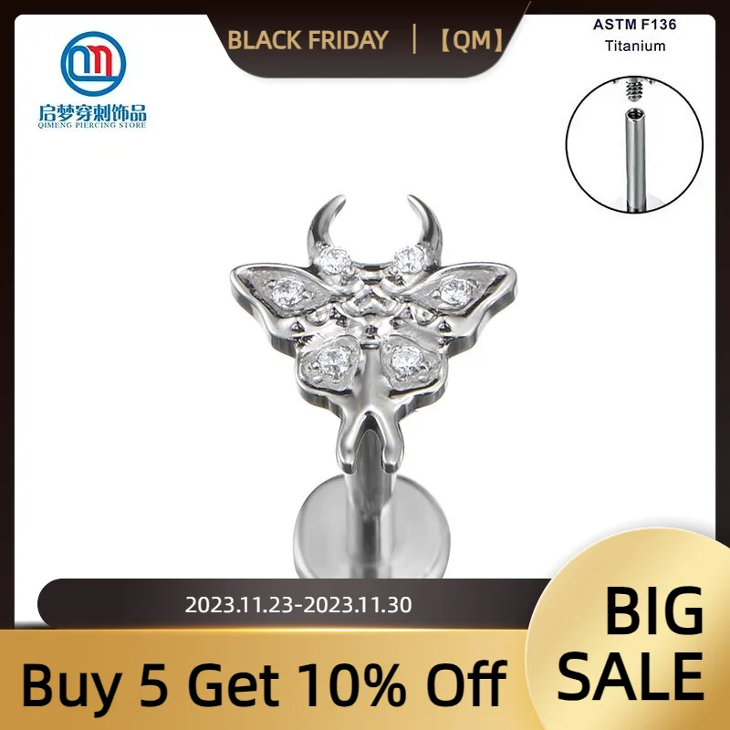 

Moth Shape Top Labret ASTM F136 Titanium Internally Threaded Tragus Helix Ear Lobe Piercing Jewelry