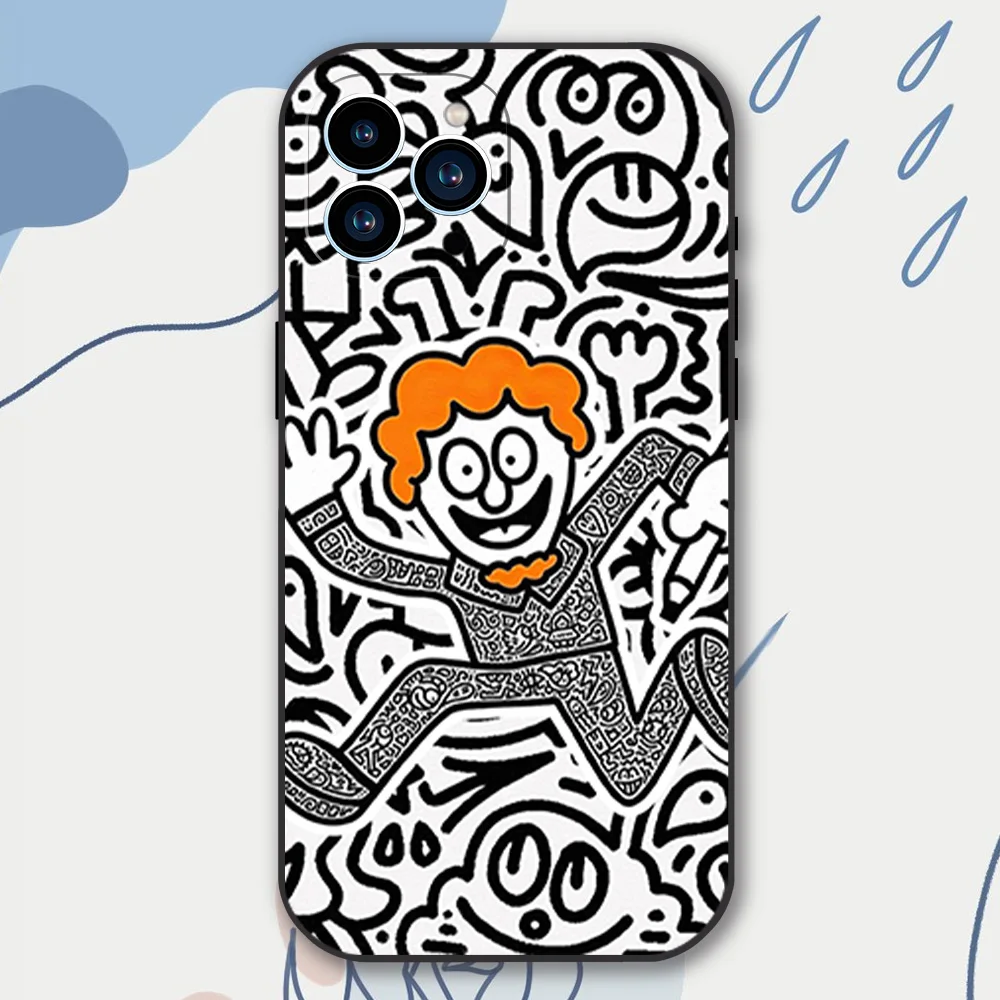 Graffiti-Art Mr Doodle Phone Case for iPhone 12 11 13 14 15 16 Max Pro Plus Black Soft Silicone Cover