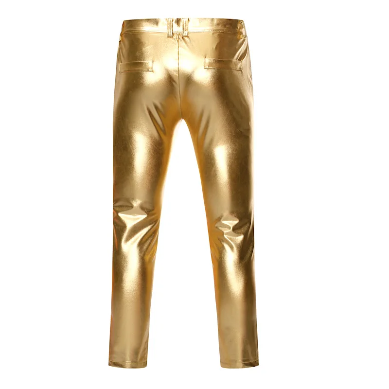 

Gold Leather Singers Motorcycle Pants Pants Coated Perform Stage Pants Trousers Metallic Men Shiny For Skinny Nightclub Brand