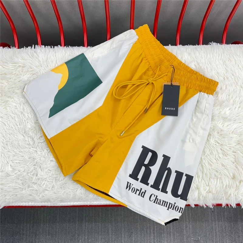 

Summer Yellow Patchwork Sunset Rhude Shorts Men Women Best Quality Inside Mesh RHUDE Breeches Drawstring