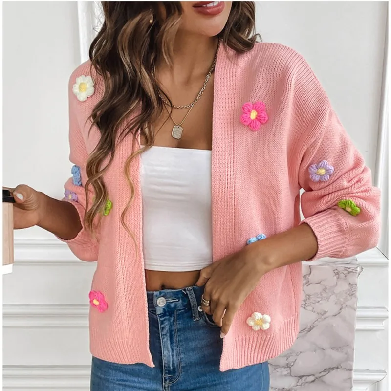 Милый вязаный кардиган свитер пальто женский крючок с цветочным