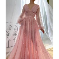 pink prom dress v neck pockets illusion sheer long sleeves sexy prom gown a line sash bow pearls beading pleat modern party gown