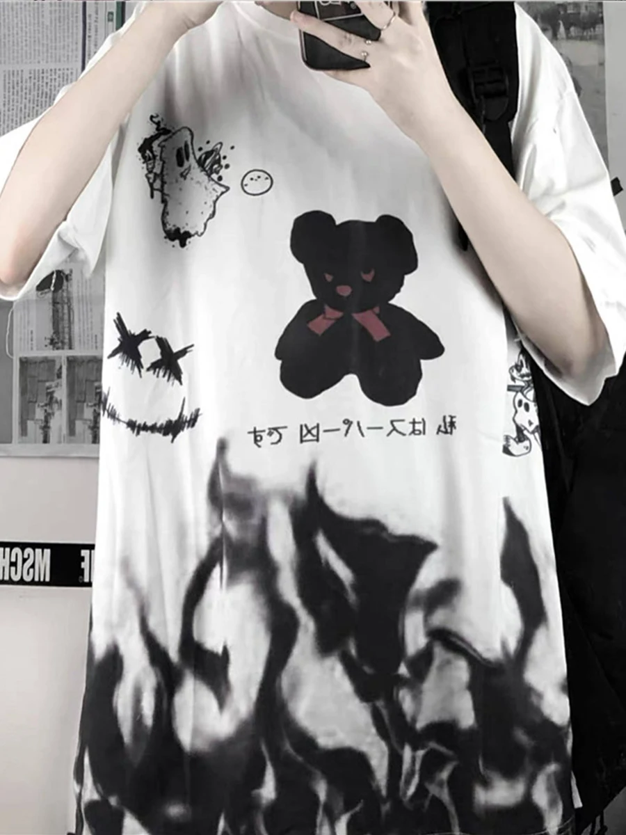 Black Cartoon Ulzzang Femme Loose Summer Oversized T Shirt Women Clothing Harajuku Short Sleeve Tops Tee Hip Hop T-Shirt Girl