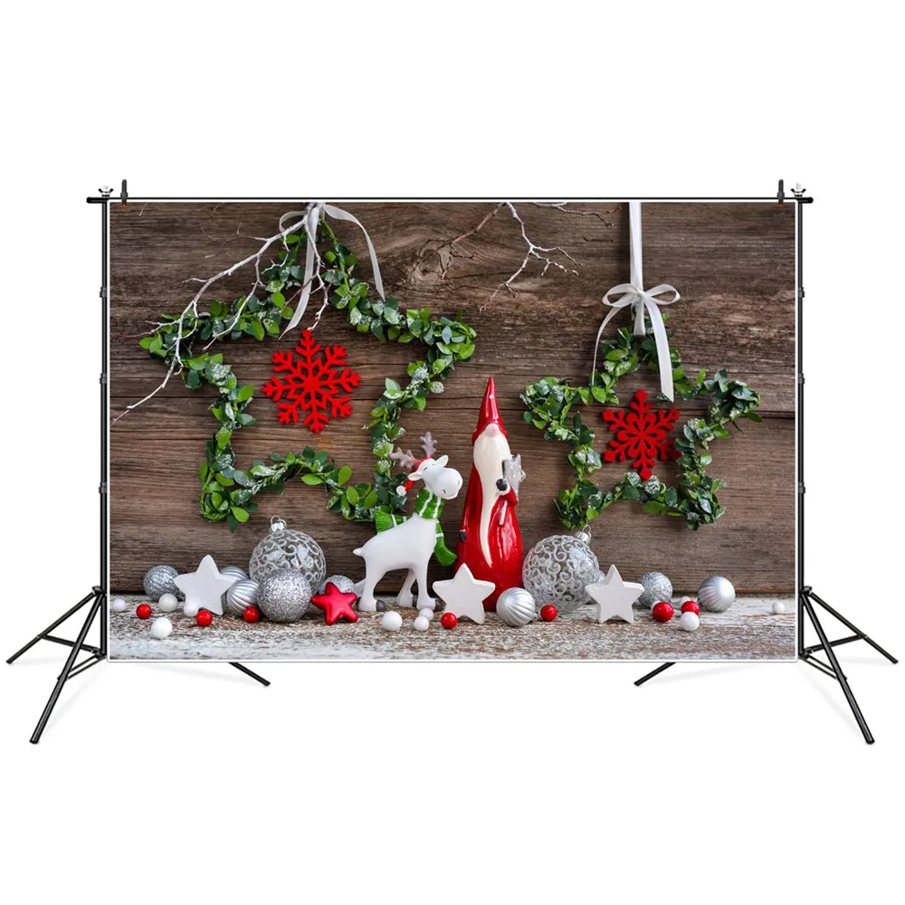 

Christmas Green Stars Wooden Planks Photography Backdrops Custom Gifts Balls Dwarf Deer Baby Party Decoration Photo Backgrounds