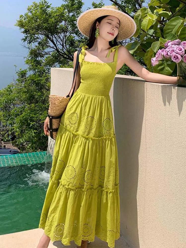 

Летнее Длинное Платье с вышивкой, женское пляжное ажурное Бандажное платье-комбинация с открытой спиной, женское элегантное привлекательное зеленое Макси-платье для дам