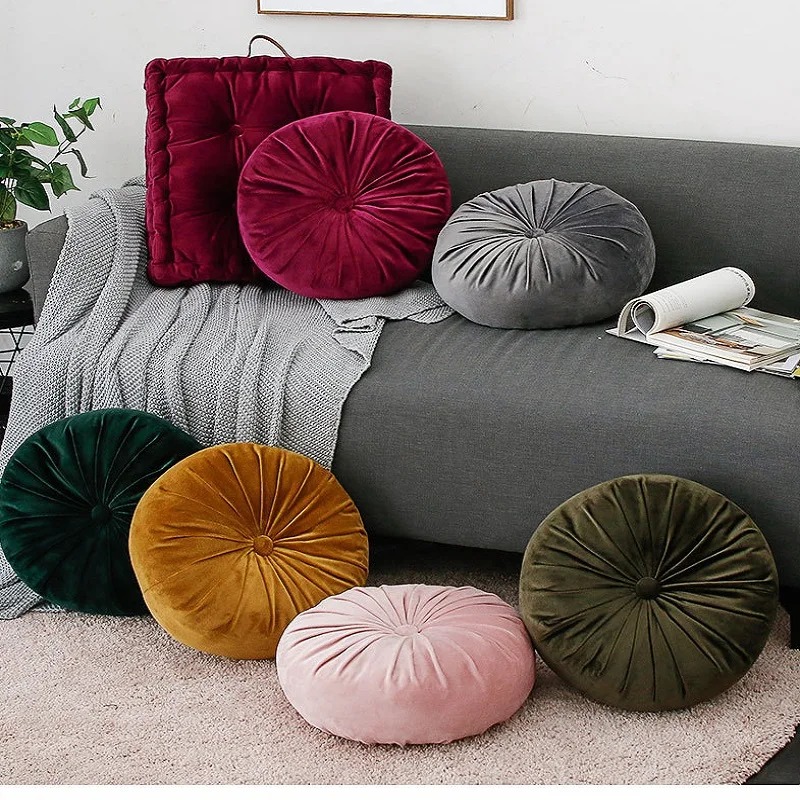 

Luxury Dutch Velvet Pleated Fabric Pumpkin Seat Cushion for Couch Floor Sofa Baroque Style Round Seat Cushion Sofa Throw Pillow