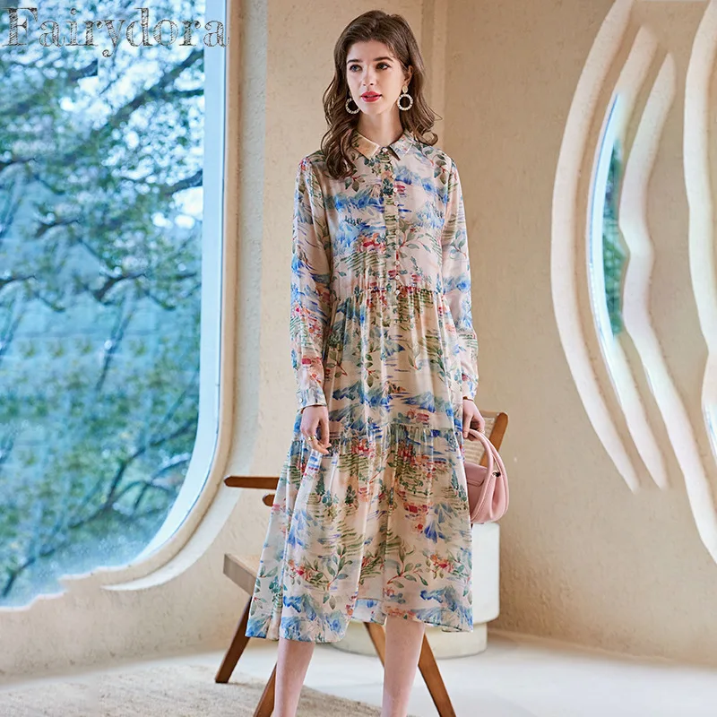 

Женское платье-миди из шелка Mulberry, элегантное свободное платье из чистого шелка с длинным рукавом и принтом, с воротником-поло, лето 100%