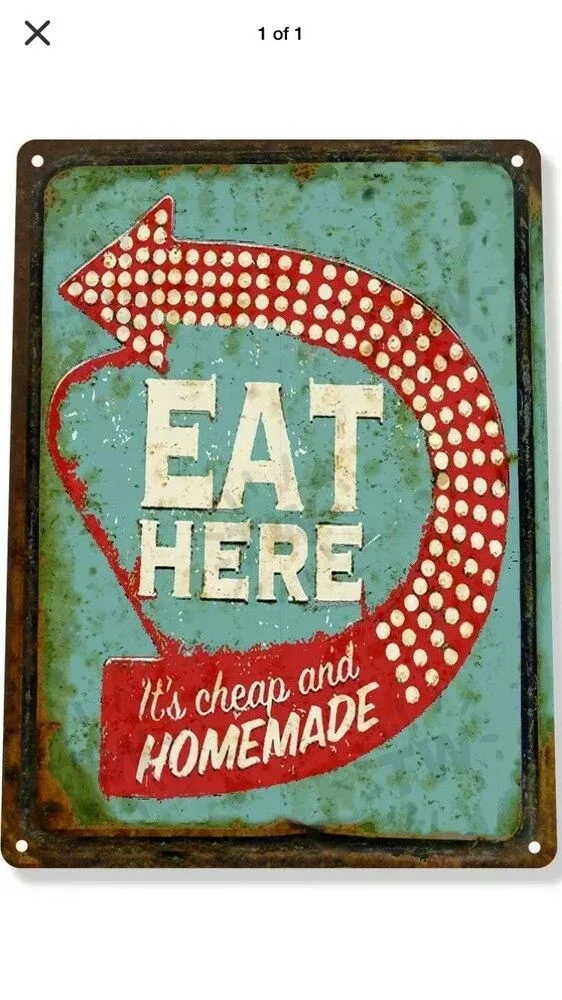 

TIN SIGN “EAT HERE” Food Bar Cafe Diner Home cooked Kitchen Mancave Road Food By
