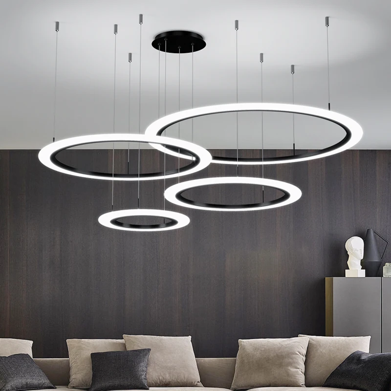 

Chandelier Led Art Pendant Lamp Light Room Decor New Minimalist Style Black Circle Ring Decorative Home Nordic lam Kitchen