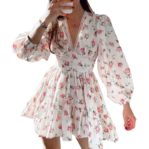Женское мини-платье с цветочным принтом, платье-трапеция с глубоким V-образным вырезом, оборками и цветочным принтом, с высокой талией, весна-лето