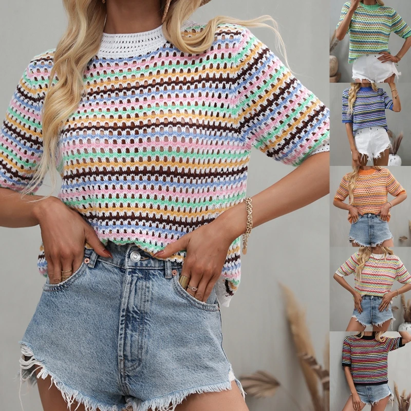 

Women Half Sleeve Round Neck Sweater Boho Multicolor Striped Crochet Knitted T-Shirt Summer Hollow Out Casual Loose Pullover Top