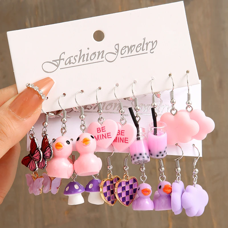 10Pcs/Set Duck Dangle Earring Set Cute Cartoon Butterfly Heart Mushroom Animal Drop Earrings For Woman Girl Kids Jewelry Gifts