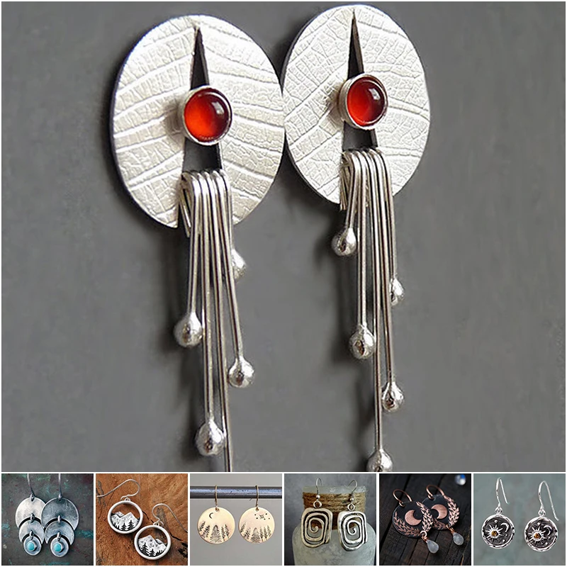 

Ethnic Vintage Style Ruby Agate Lotus Leaf Earring Female Alloy Tassel Drop Earrings Geometric Stitching Women Jewelry Gifts