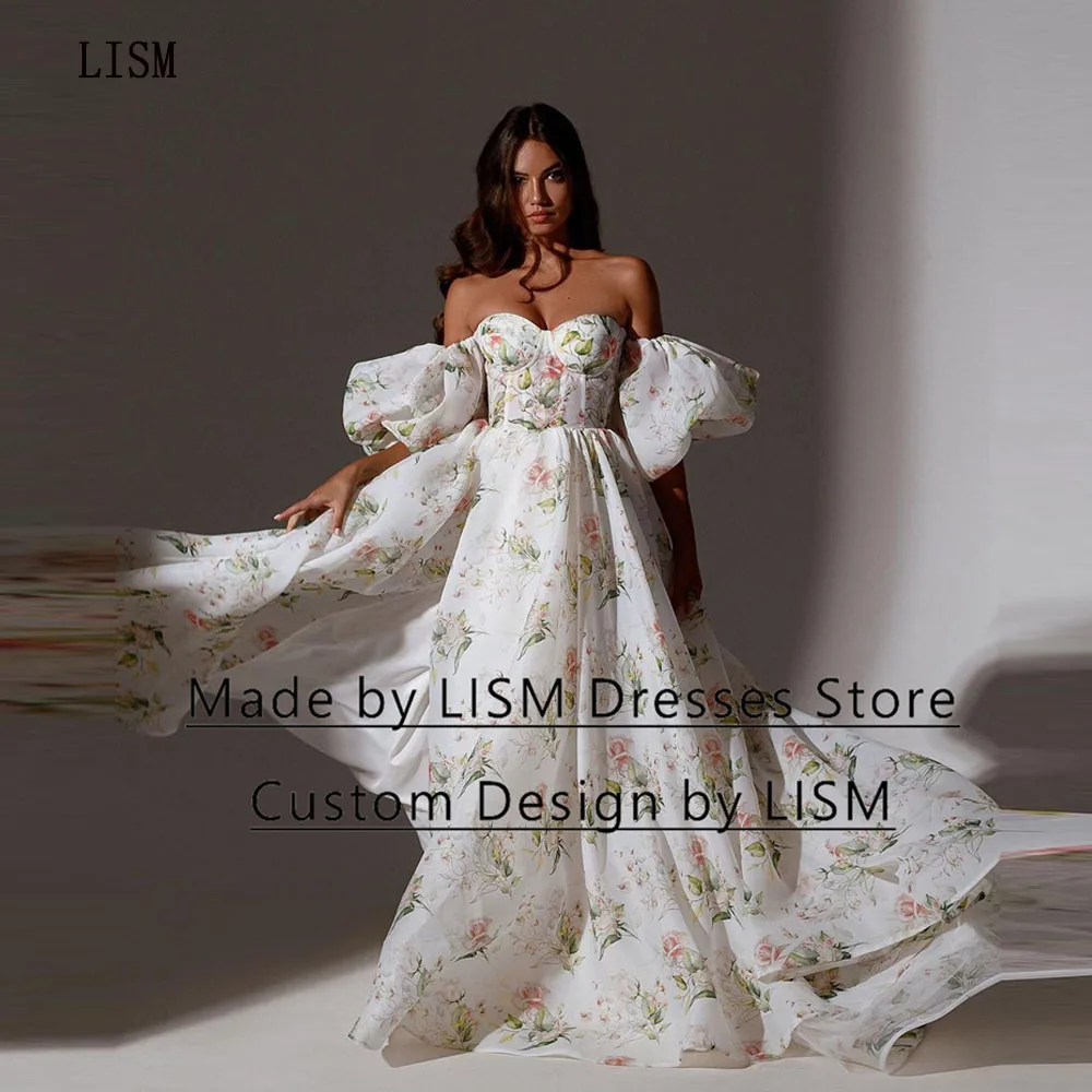 

LISM Sweetheat A-line Short Puff Sleeves Princess Bride Dress Off The Shoulder Printed Slit Chiffon Bridal Gown Wedding Dresses