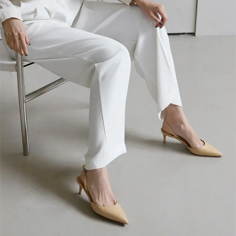 Туфли женские кожаные с острым носком роскошные сандалии до щиколотки высокий