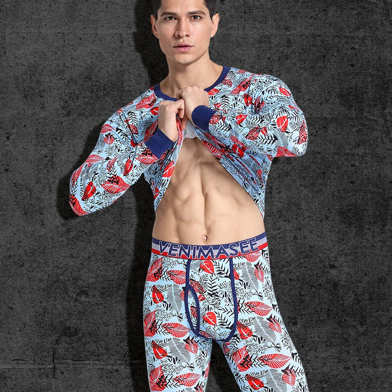 Winter Men's Thermal Underwear Sets Cotton Long Johns Mens Warm V Neck Thermo Underwear Print Slim Fit Thermal Clothes For Male