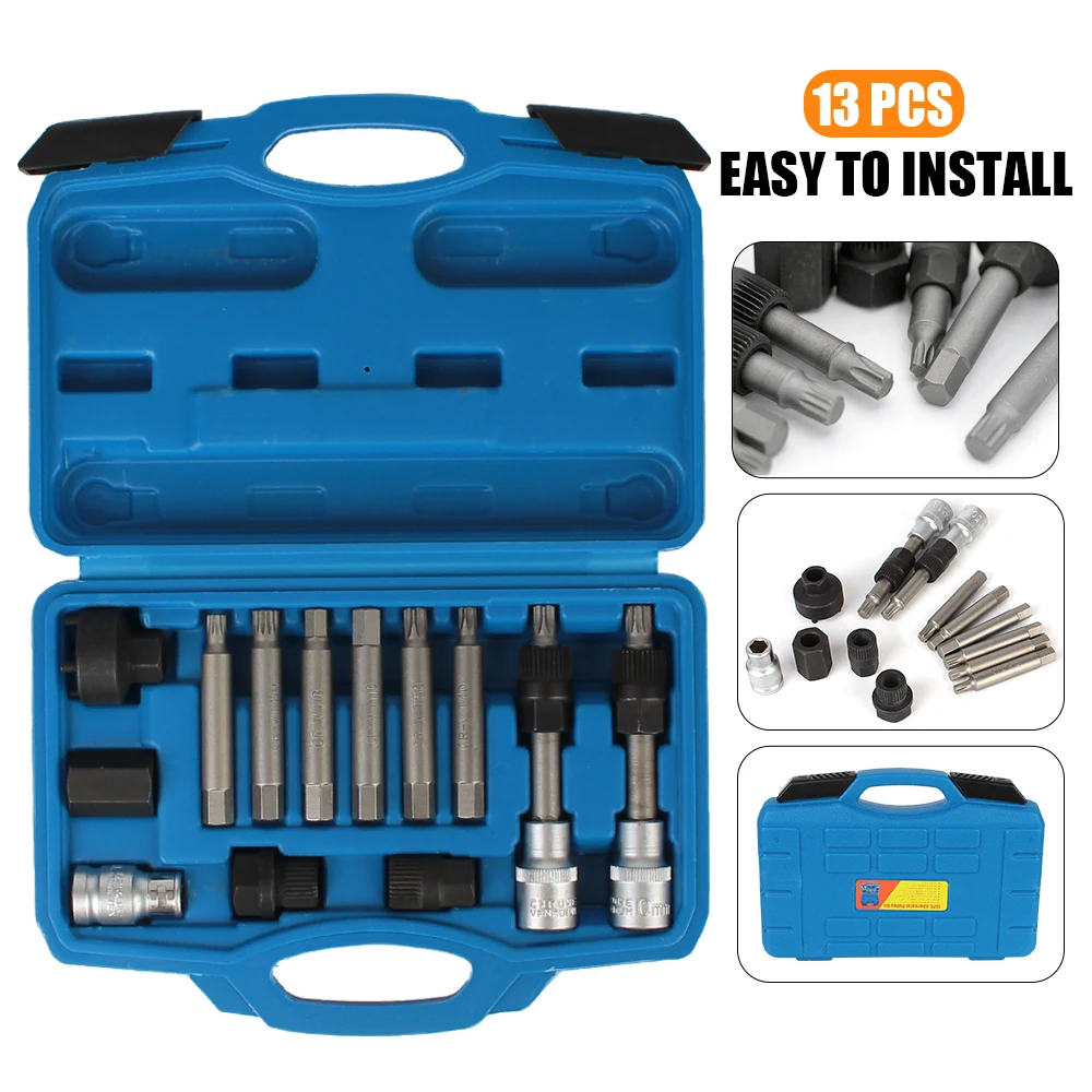 

LEEPEE 13 Pcs/Set Engine Auto Tool Set Alternator Freewheel Pulley Removal Car Belt Removal Wrench Tool Universal