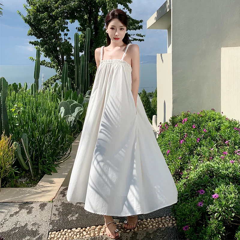 Купи Summer Maxi Loose Strap Creamy-white Dress Women 2022 Long Elegant Backless Hawaiian Shift Dress for Wedding Guest Birthday Prom за 1,231 рублей в магазине AliExpress
