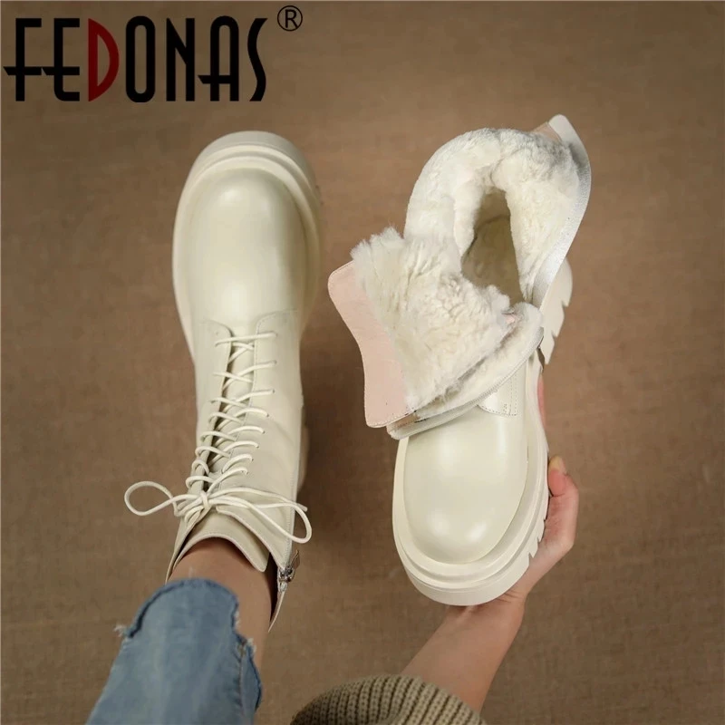 Autumn Winter Fur Snow Boots Non-slip Shoes Woman Platforms Wool Genuine Leather Snow Boots