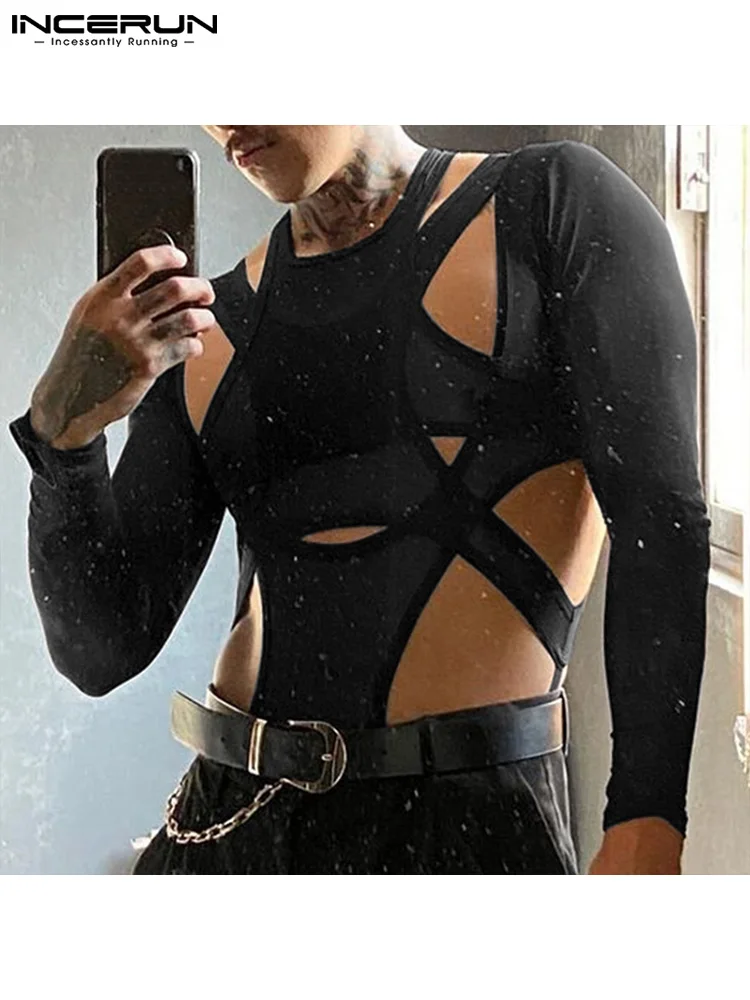 

Модная Домашняя одежда, новинка, мужские полые комбинезоны, мужской однотонный удобный комбинезон с длинным рукавом, треугольные боди, женс...