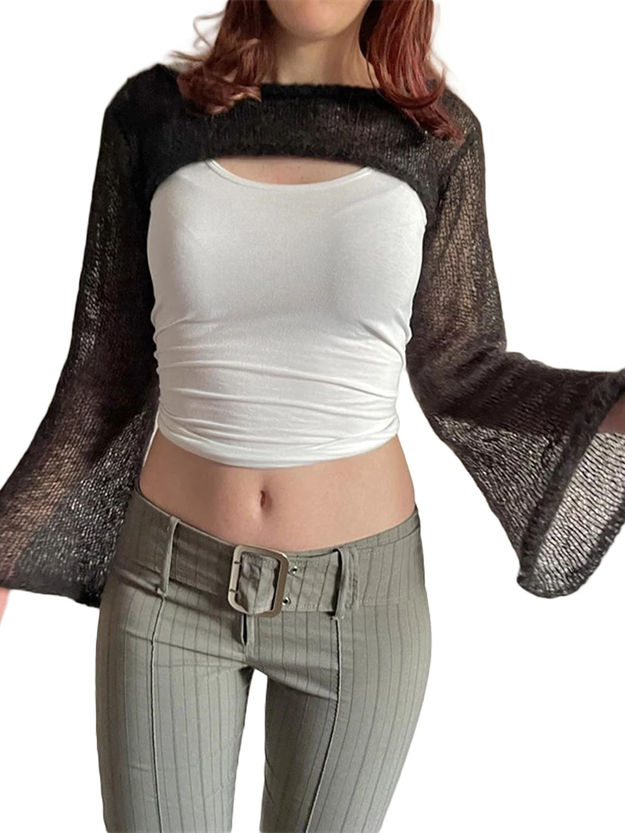 

Кроп-топ женский трикотажный свободного покроя с круглым вырезом и длинным рукавом